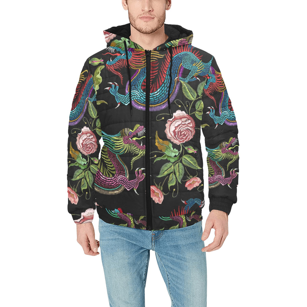 Dragons flower pattern Men's Padded Hooded Jacket