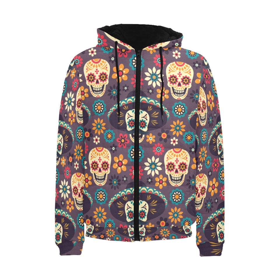 Sugar skulls flower maxican pattern Men's Padded Hooded Jacket
