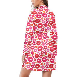 Lips Pattern Print Design 01 Women's Long Sleeve Belted Night Robe