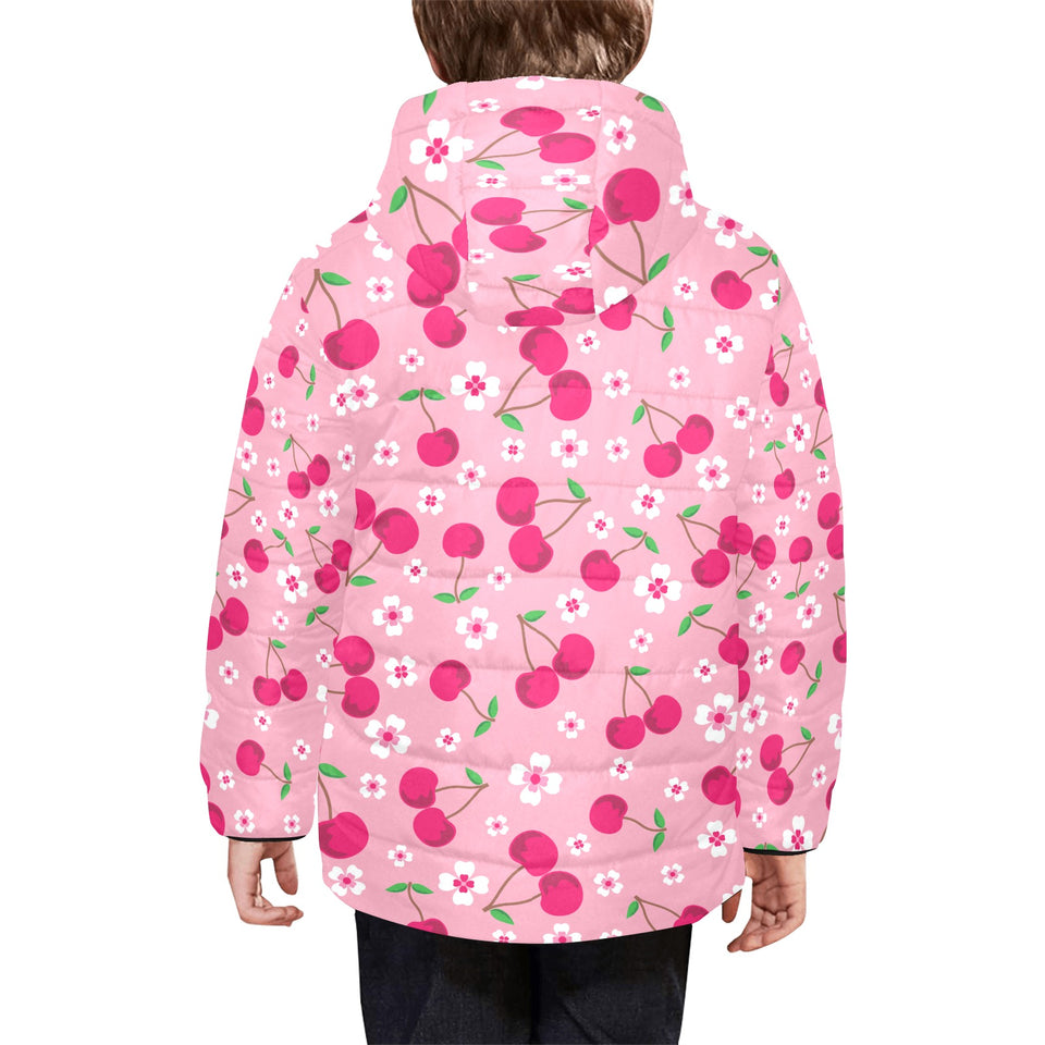 cherry flower pattern pink background Kids' Boys' Girls' Padded Hooded Jacket