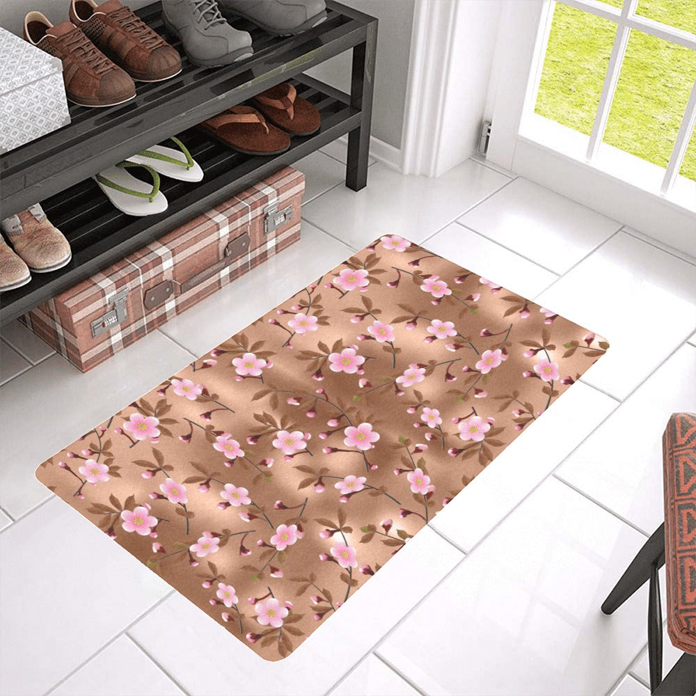 Pink sakura cherry blossom drak brown background Doormat