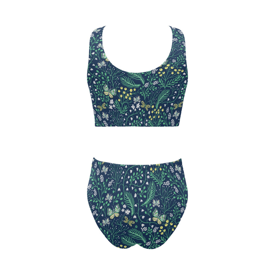 butterfly leaves pattern Chest Bowknot High Waisted Bikini Swimsuit