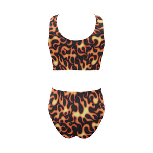 Fire flame dark pattern Chest Bowknot High Waisted Bikini Swimsuit