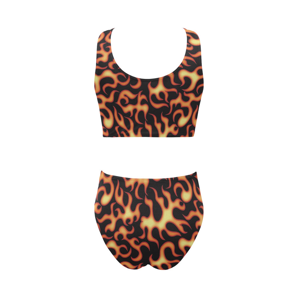 Fire flame dark pattern Chest Bowknot High Waisted Bikini Swimsuit