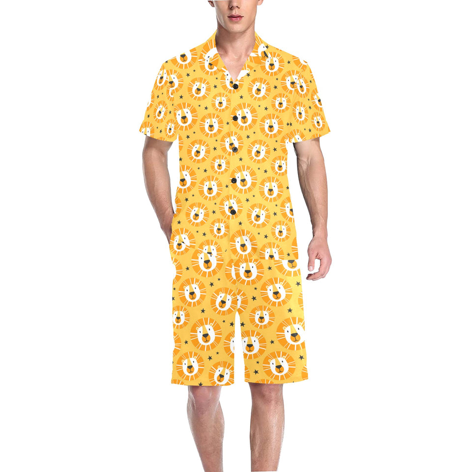 Lion Pattern Print Design 03 Men's V-Neck Short Pajama Set