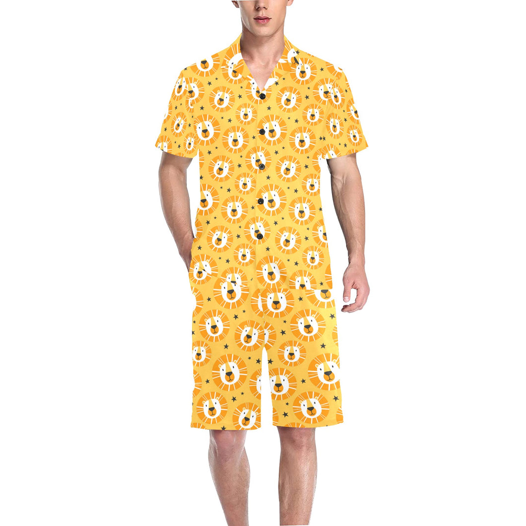 Lion Pattern Print Design 03 Men's V-Neck Short Pajama Set
