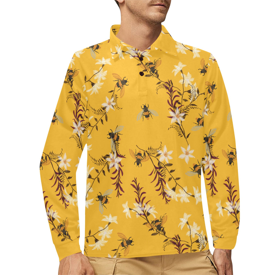 Bee flower pattern Men's Long Sleeve Polo Shirt