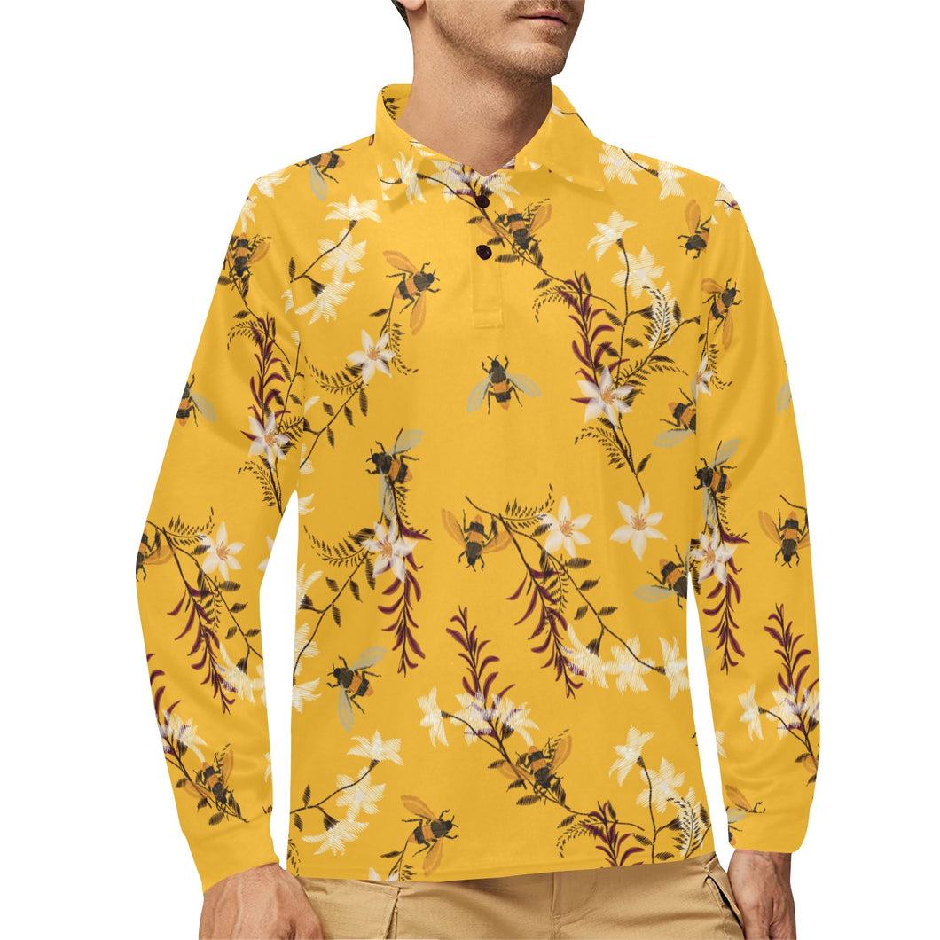 Bee flower pattern Men's Long Sleeve Polo Shirt
