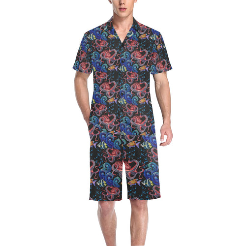 Octopus sea wave tropical fishe pattern Men's V-Neck Short Pajama Set