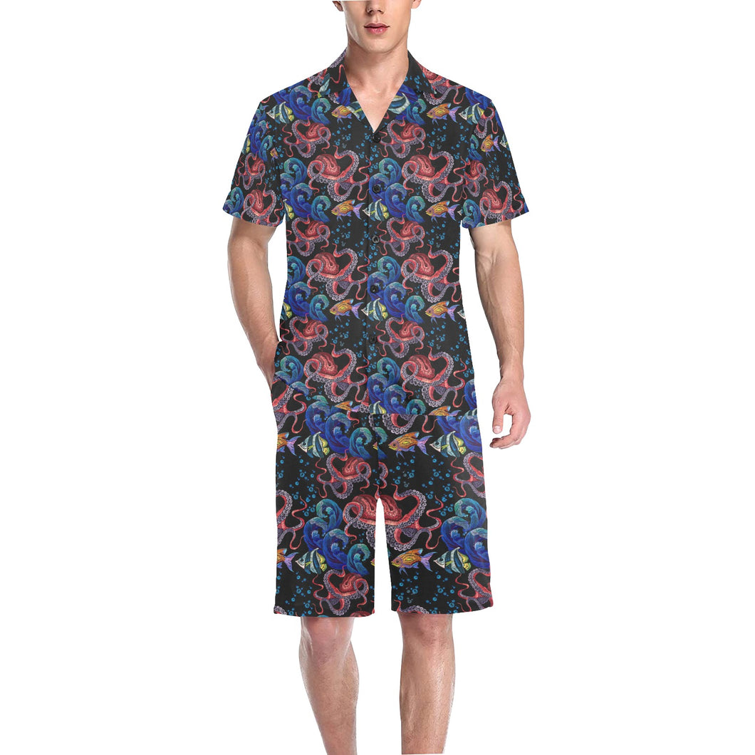 Octopus sea wave tropical fishe pattern Men's V-Neck Short Pajama Set