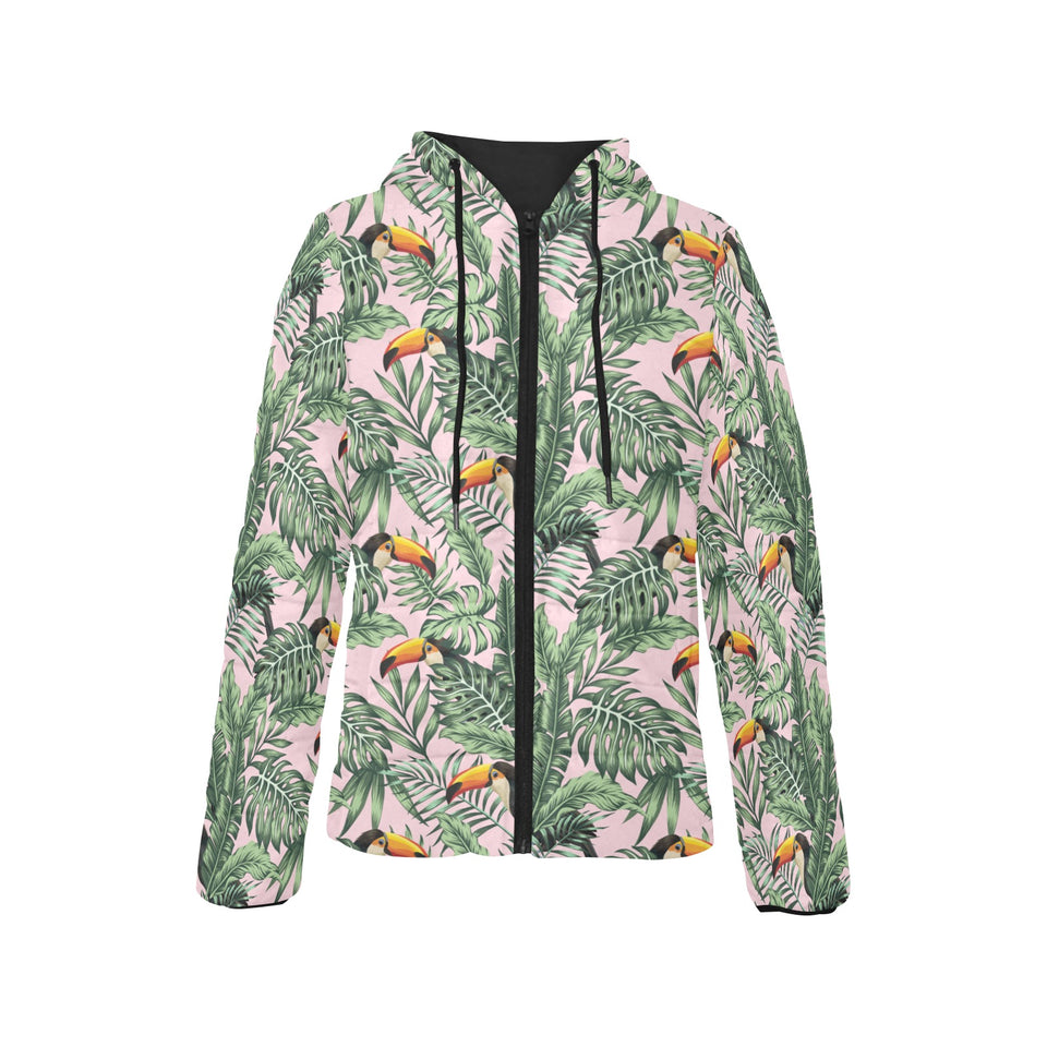 Toucan tropical green jungle palm pattern Women's Padded Hooded Jacket