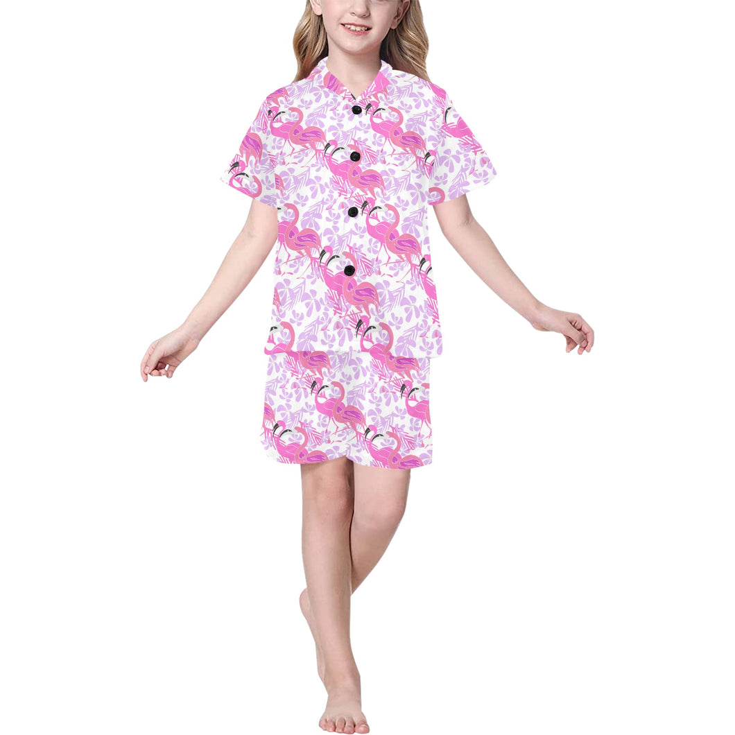 Pink flamingo flower pattern Kids' Boys' Girls' V-Neck Short Pajama Set