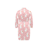 Cute white rabbit flower pink background Men's Long Sleeve Belted Night Robe