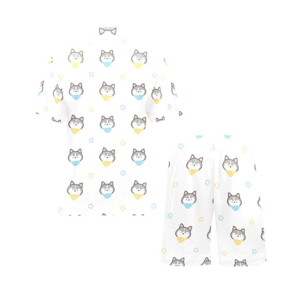 Cute Siberian Husky pattern Men's V-Neck Short Pajama Set