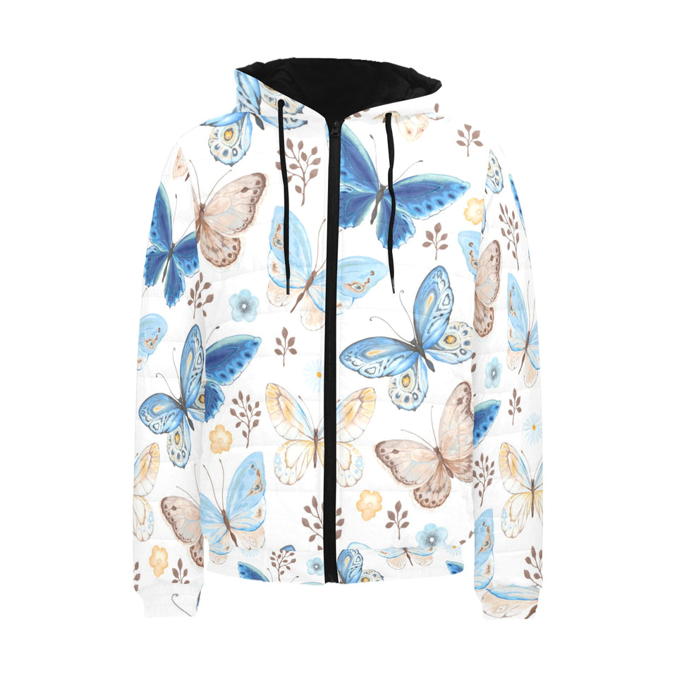 blue butterfly pattern Men's Padded Hooded Jacket