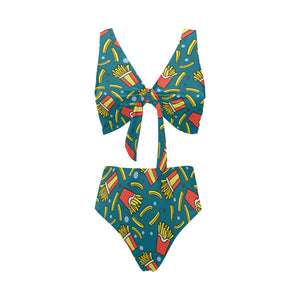French fries red paper box pattern Chest Bowknot High Waisted Bikini Swimsuit