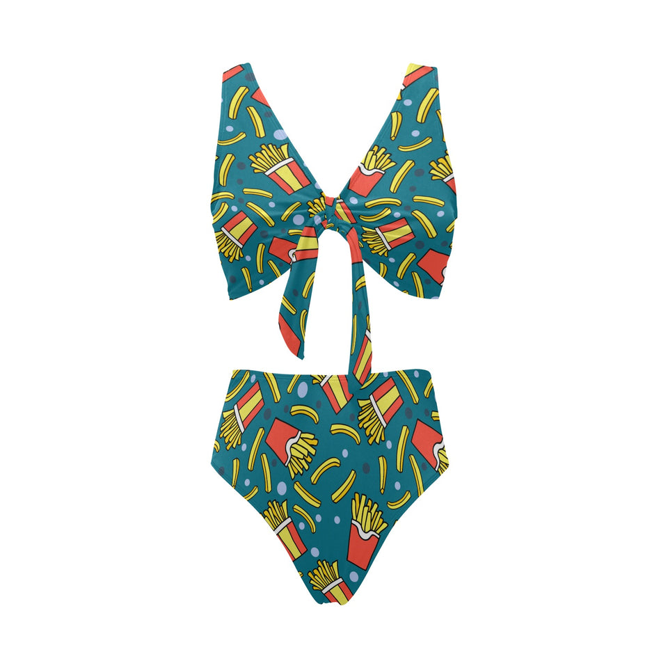 French fries red paper box pattern Chest Bowknot High Waisted Bikini Swimsuit