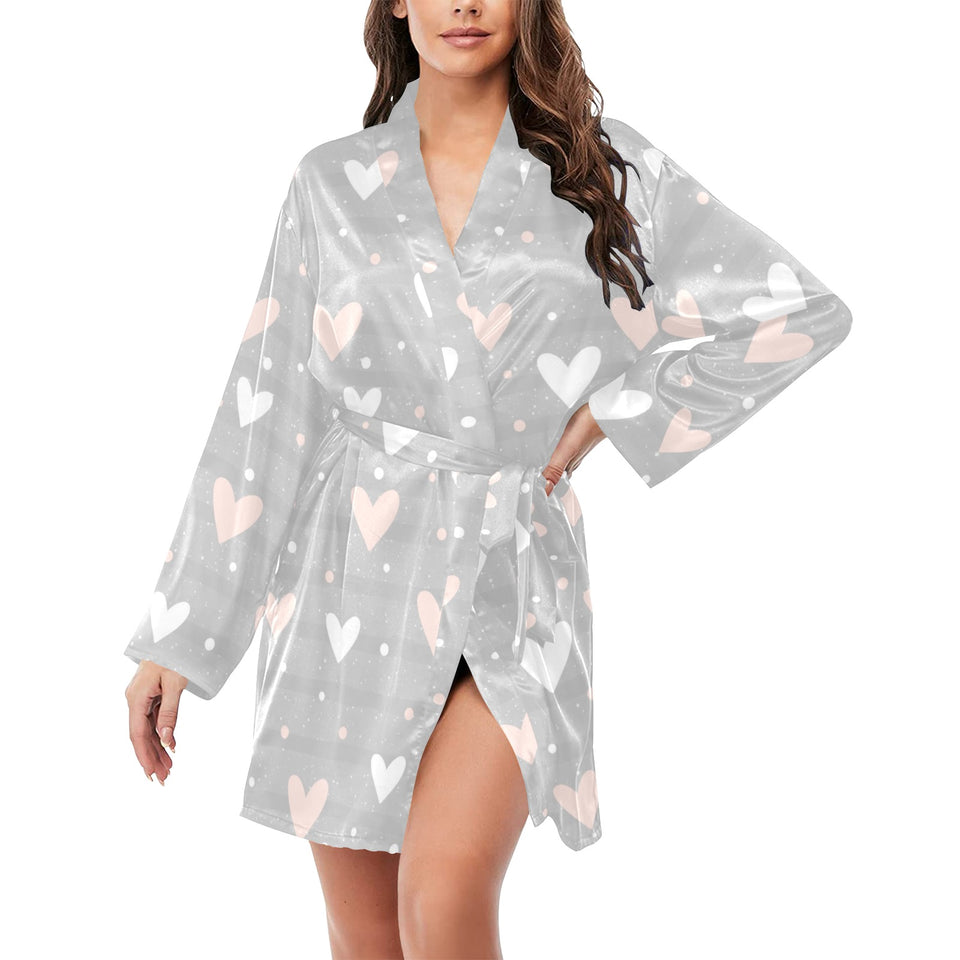 Heart pattern gray background Women's Long Sleeve Belted Night Robe