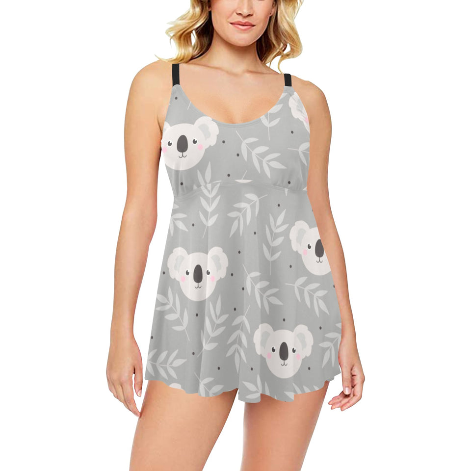 Cute koala leaves pattern Chest Sexy Pleated Two Piece Swim Dress