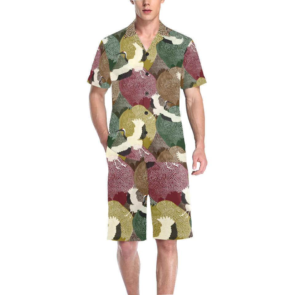 Japanese cranes flying forest dot pattern Men's V-Neck Short Pajama Set