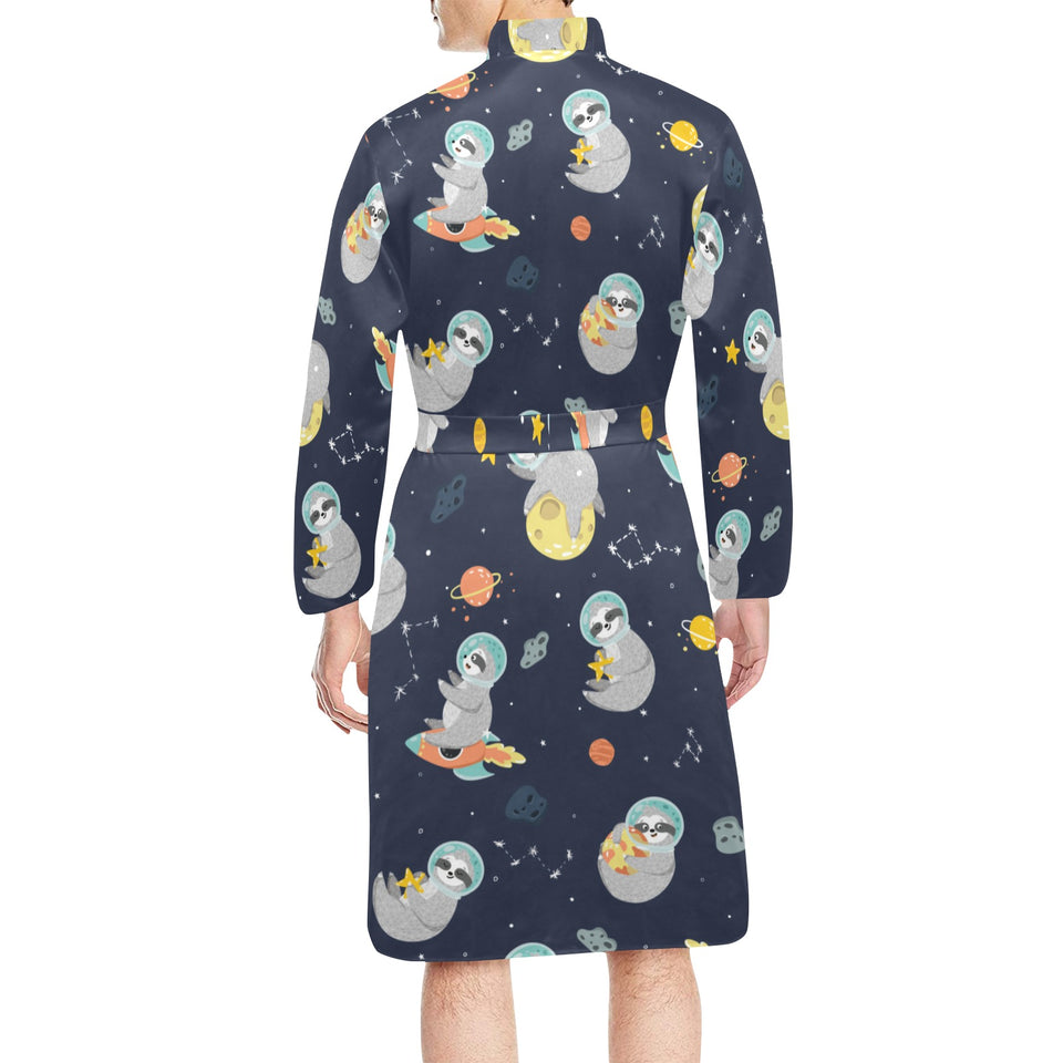Cute sloth astronaut star planet rocket pattern Men's Long Sleeve Belted Night Robe