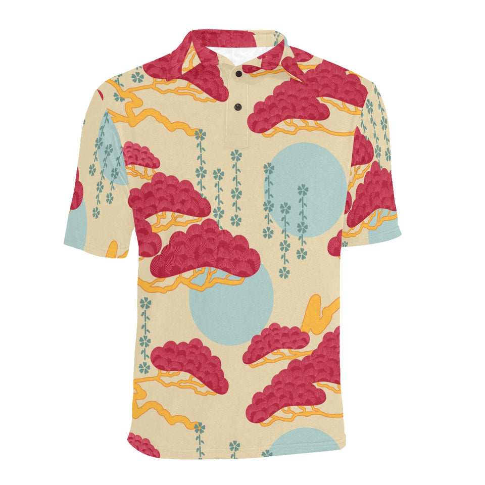 Red Bonsai gray sun japanese pattern Men's All Over Print Polo Shirt