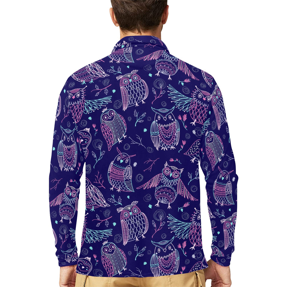 Cute owls pattern boho style ornament Men's Long Sleeve Polo Shirt