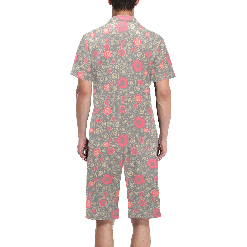 Red gold Sakura cherry blossom gray background Men's V-Neck Short Pajama Set