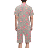 Red gold Sakura cherry blossom gray background Men's V-Neck Short Pajama Set