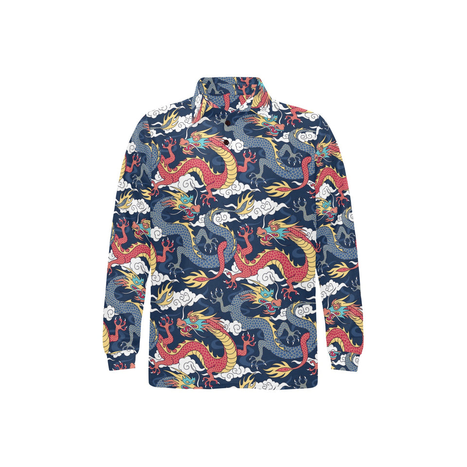 Blue red dragon cloud pattern Men's Long Sleeve Polo Shirt