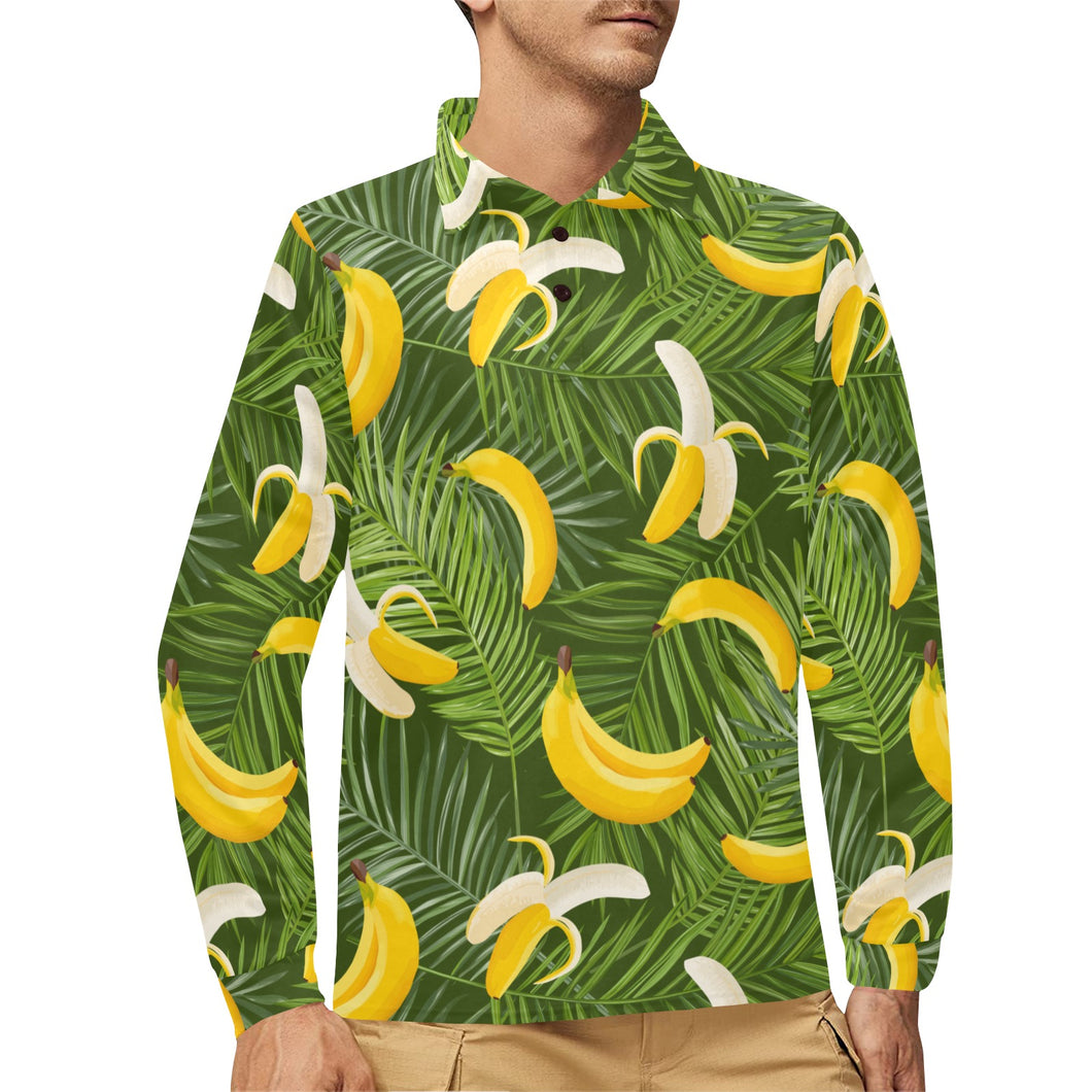Banana Palm Leaves pattern Men's Long Sleeve Polo Shirt