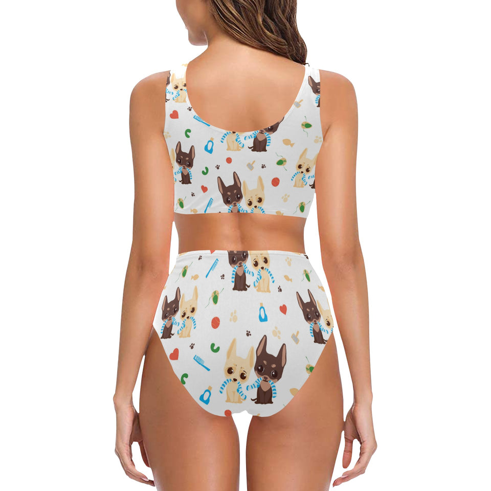 Cute Chihuahua dog pattern Chest Bowknot High Waisted Bikini Swimsuit