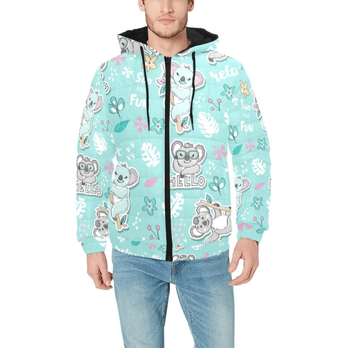 Cute koalas blue background pattern Men's Padded Hooded Jacket