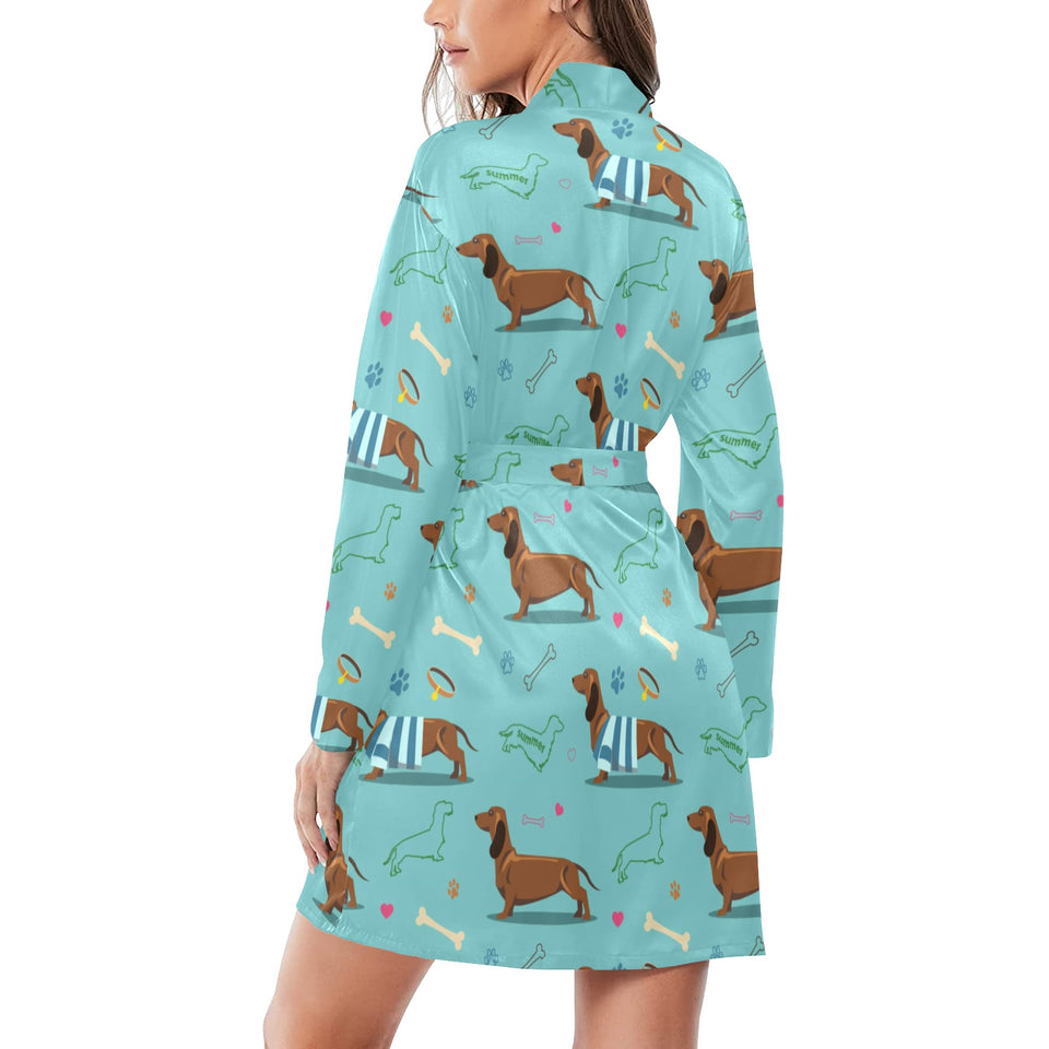 Dachshund decorative background Women's Long Sleeve Belted Night Robe