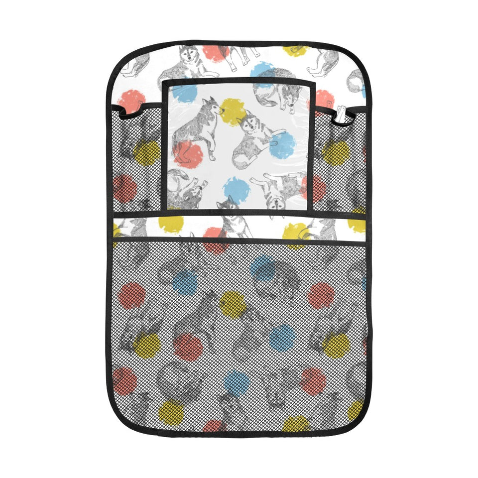 Siberian husky and colorful circle pattern Car Seat Back Organizer