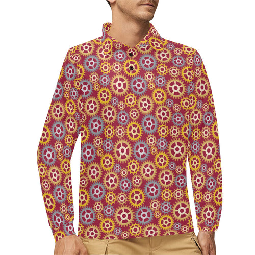 Gear Pattern Print Design 04 Men's Long Sleeve Polo Shirt