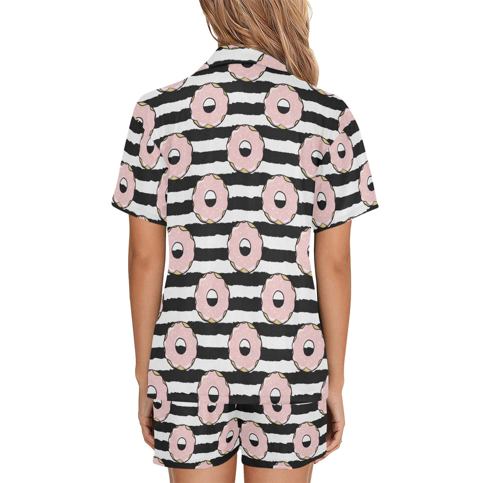 Donuts pink icing striped pattern Women's V-Neck Short Pajama Set