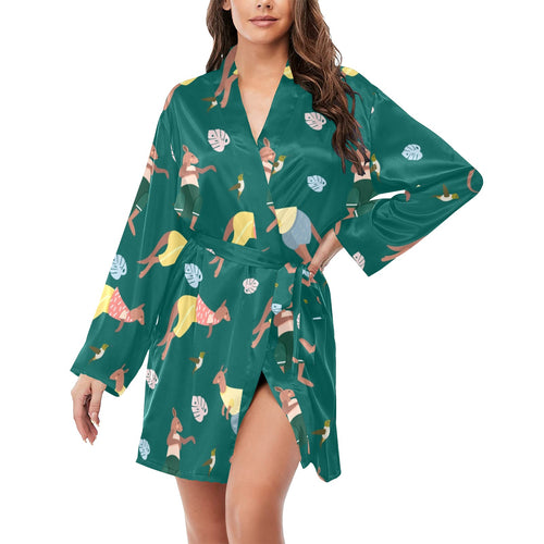Kangaroo leaves pattern Women's Long Sleeve Belted Night Robe