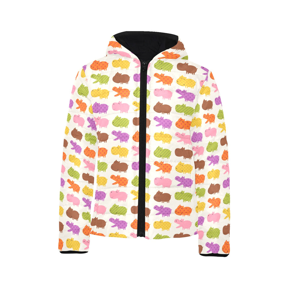 Hippopotamus Pattern Print Design 01 Kids' Boys' Girls' Padded Hooded Jacket