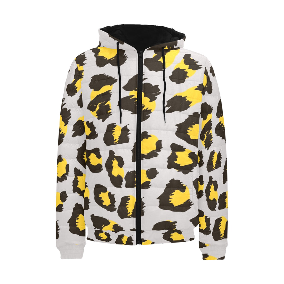 Gray Leopard print pattern Men's Padded Hooded Jacket