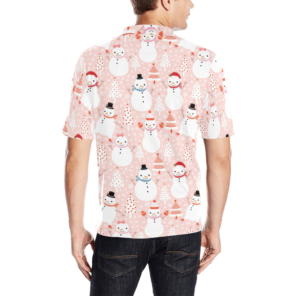 Cute snowman christmas tree snowpink background Men's All Over Print Polo Shirt