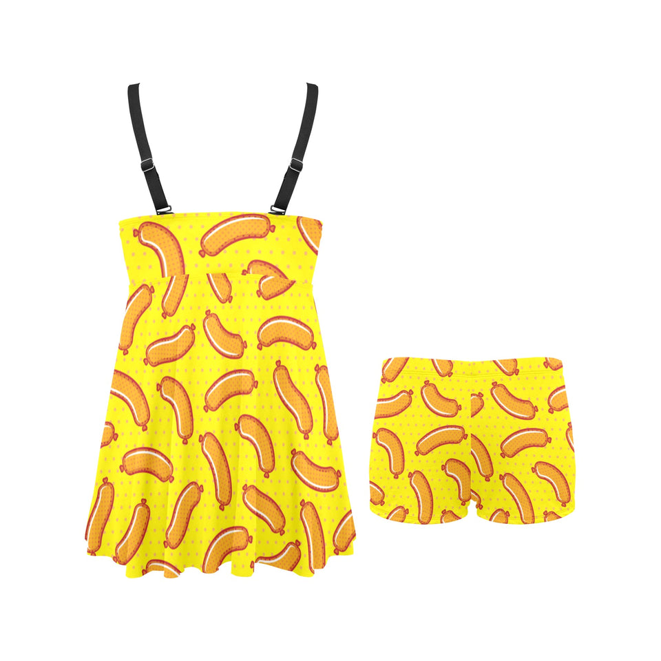 Sausage Pattern Print Design 01 Chest Sexy Pleated Two Piece Swim Dress