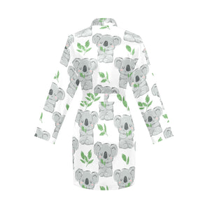 Hand drawn Koala leaves pattern Women's Long Sleeve Belted Night Robe