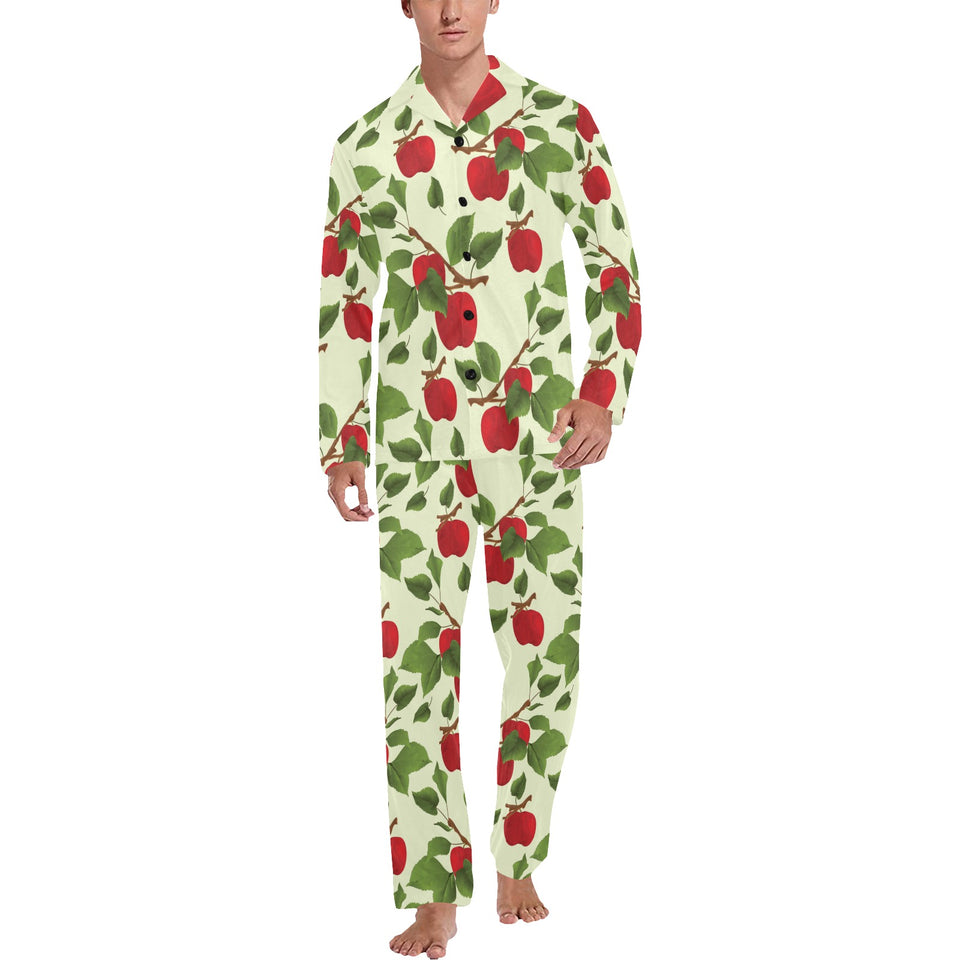 Red apples leaves pattern Men's Long Pajama Set