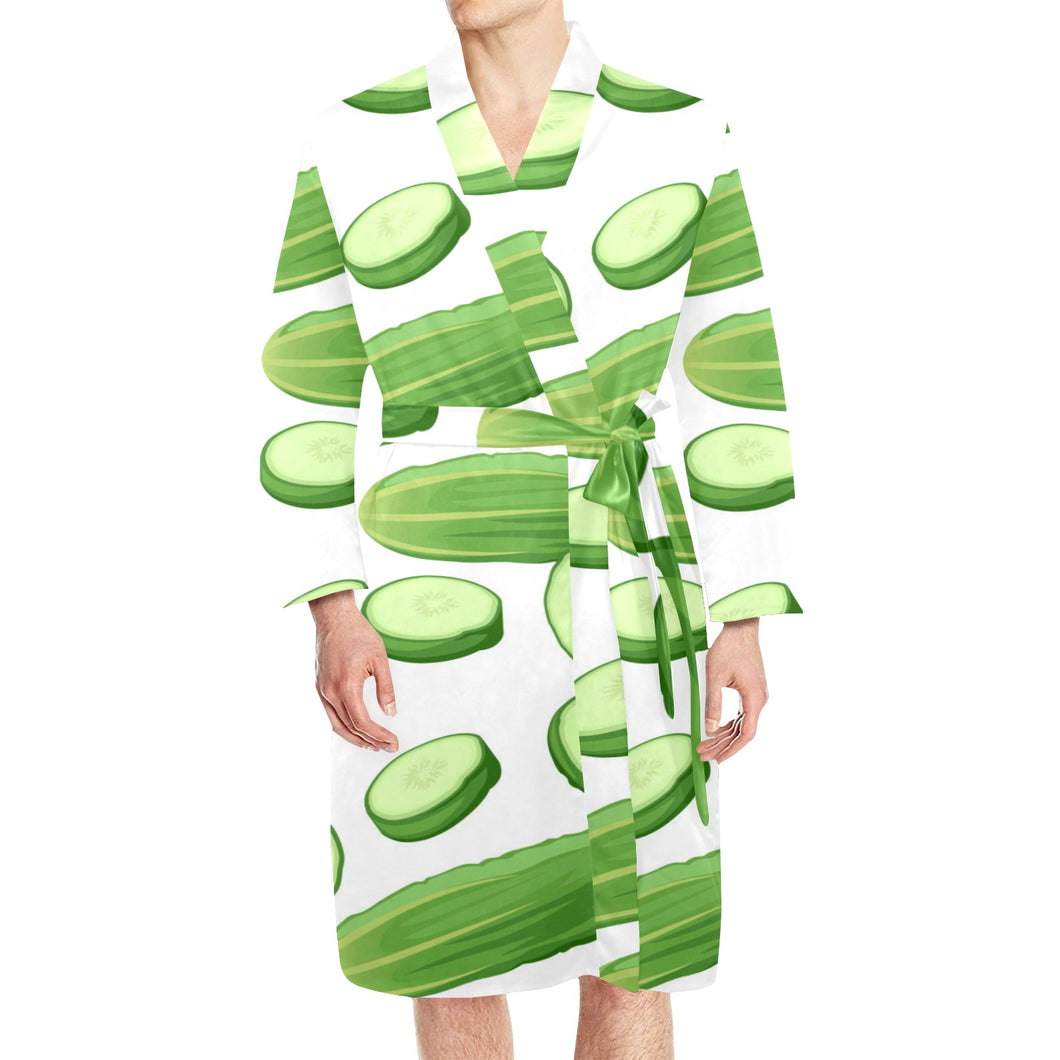 cucumber whole slices pattern Men's Long Sleeve Belted Night Robe