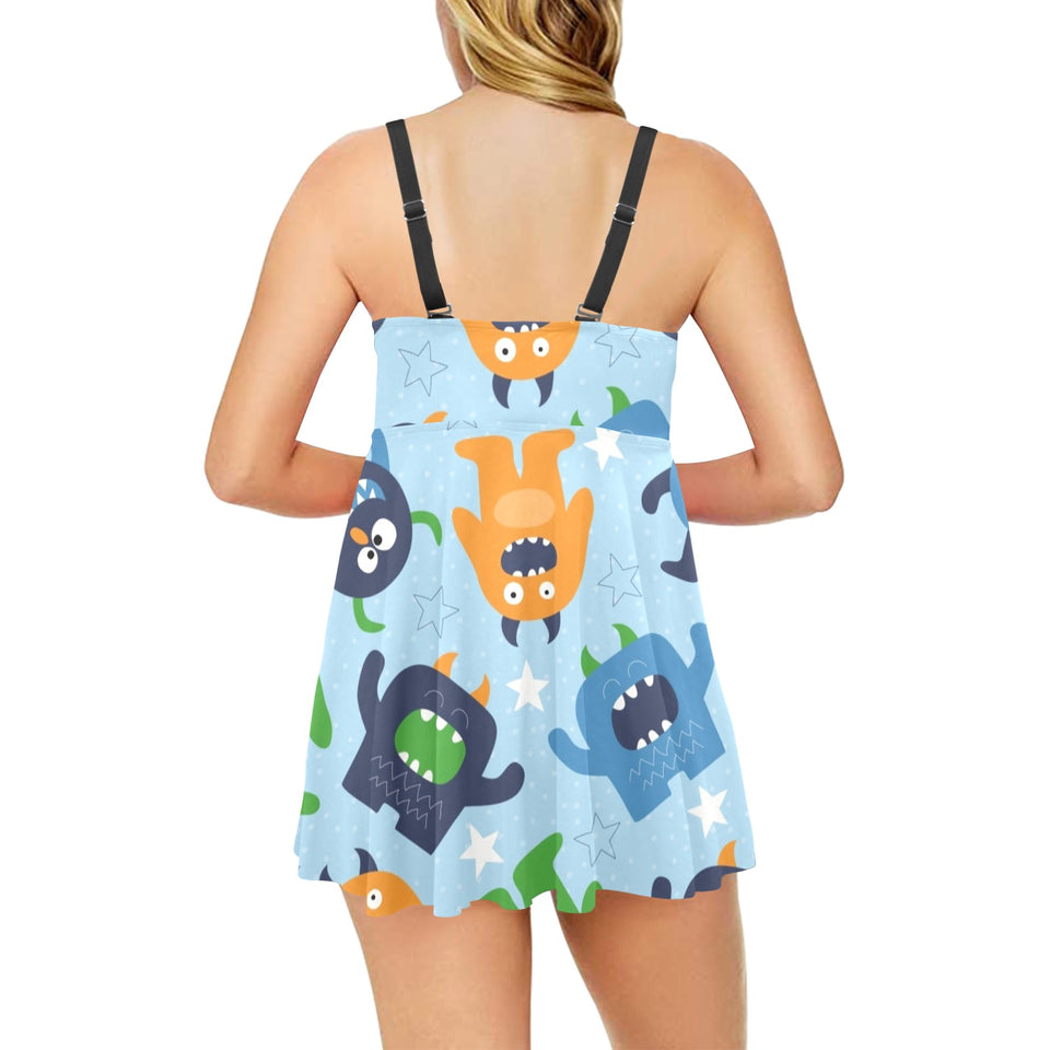 Alien Pattern Print Design 04 Chest Sexy Pleated Two Piece Swim Dress