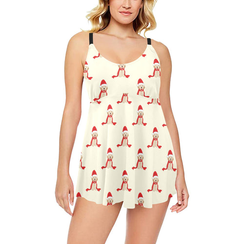 Golden Retriever Pattern Print Design 01 Chest Sexy Pleated Two Piece Swim Dress