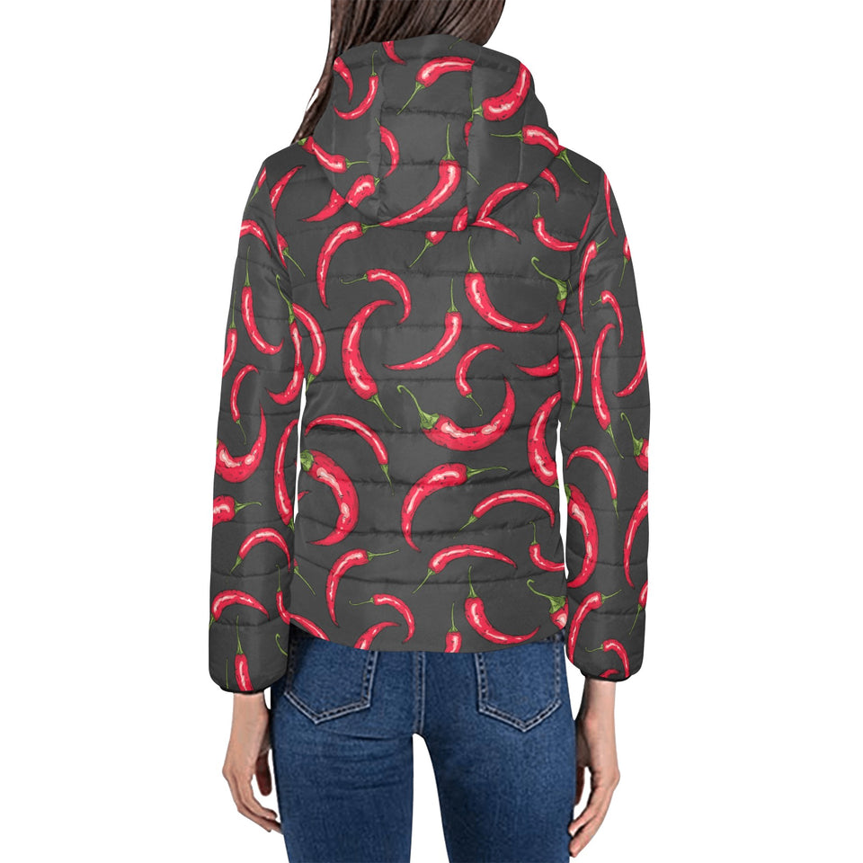 Chili peppers pattern black background Women's Padded Hooded Jacket