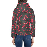 Chili peppers pattern black background Women's Padded Hooded Jacket