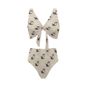 Cute Siberian Husky Chest Bowknot High Waisted Bikini Swimsuit